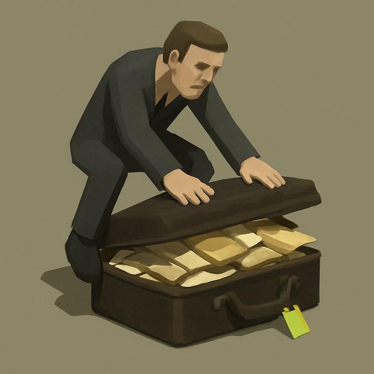 A stiff low-poly man in a suit sits his full weight on an overstuffed suitcase, gold bars and loose paper bursting out of the gap, both latches bent